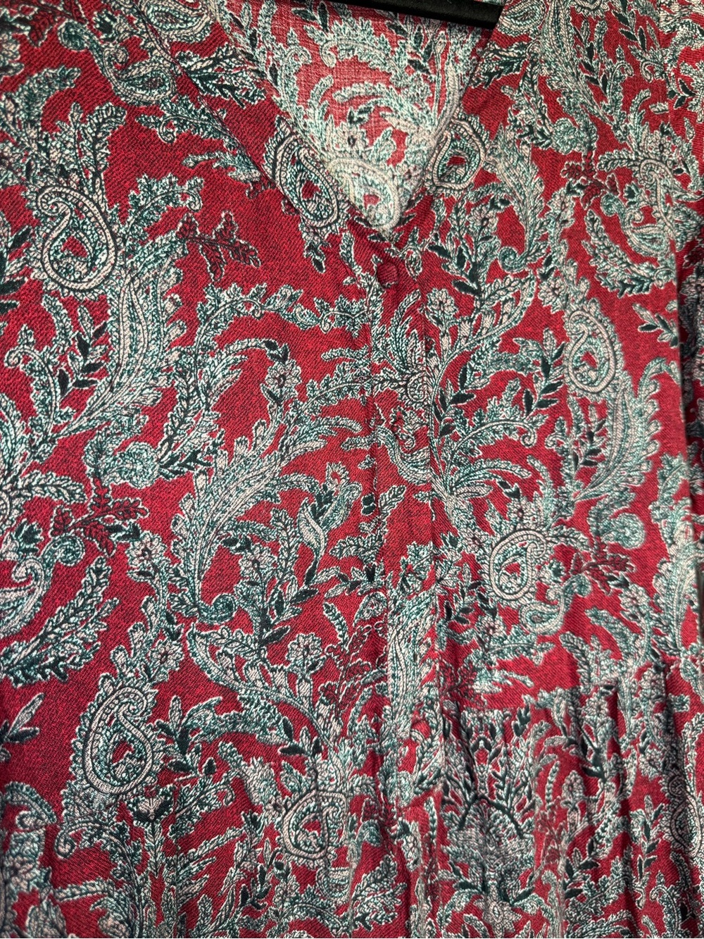Lucky Brand Red & Grey Paisley Boho-Chic V-Neck Long-Sleeve Maxi Dress 70’s L - Picture 6 of 16